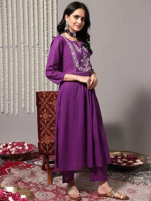 Women Purple Ethnic Motifs Yoke Design Pure Cotton Kurta with Trousers & Dupatta 4