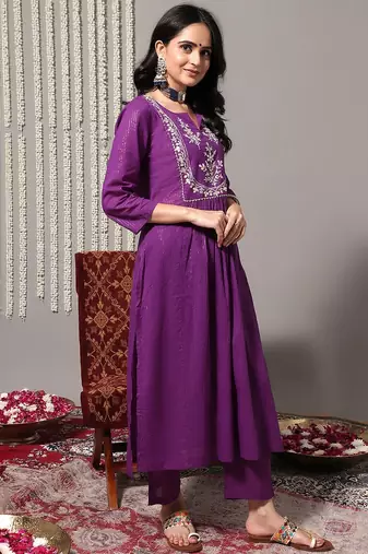 Women Purple Ethnic Motifs Yoke Design Pure Cotton Kurta with Trousers & Dupatta