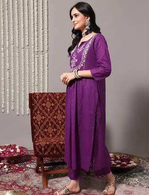 Women Purple Ethnic Motifs Yoke Design Pure Cotton Kurta with Trousers & Dupatta 5