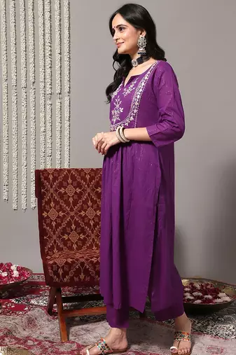 Women Purple Ethnic Motifs Yoke Design Pure Cotton Kurta with Trousers & Dupatta