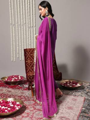 Women Purple Ethnic Motifs Yoke Design Pure Cotton Kurta with Trousers & Dupatta 6