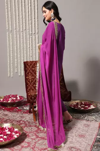 Women Purple Ethnic Motifs Yoke Design Pure Cotton Kurta with Trousers & Dupatta