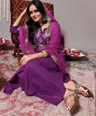 Women Purple Ethnic Motifs Yoke Design Pure Cotton Kurta with Trousers & Dupatta 7