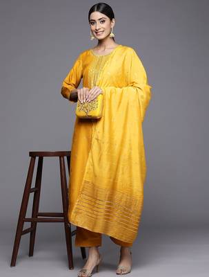Women Mustard Yellow Ethnic Motifs Embroidered Kurta with Trousers & Dupatta 1