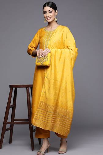 Women Mustard Yellow Ethnic Motifs Embroidered Kurta with Trousers & Dupatta