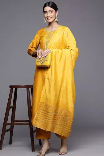 Women Mustard Yellow Ethnic Motifs Embroidered Kurta with Trousers & Dupatta