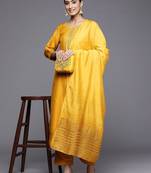 Women Mustard Yellow Ethnic Motifs Embroidered Kurta with Trousers & Dupatta