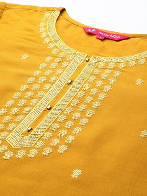 Women Mustard Yellow Ethnic Motifs Embroidered Kurta with Trousers & Dupatta 2