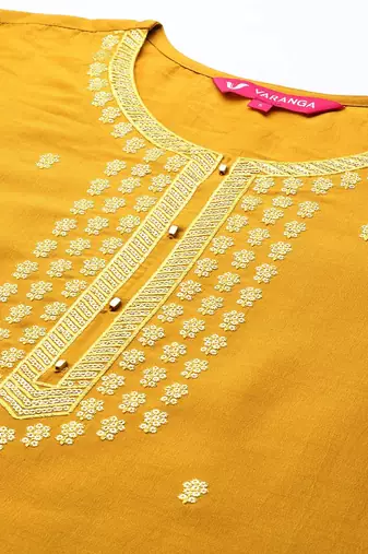 Women Mustard Yellow Ethnic Motifs Embroidered Kurta with Trousers & Dupatta