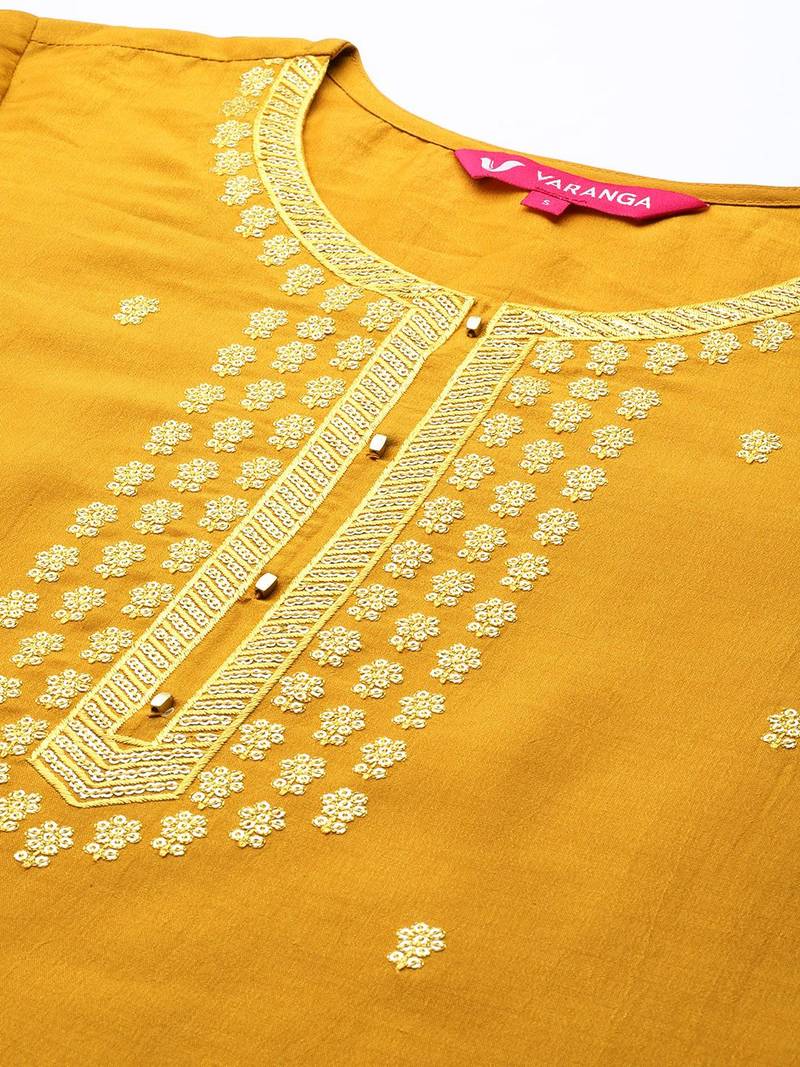 Women Mustard Yellow Ethnic Motifs Embroidered Kurta with Trousers & Dupatta