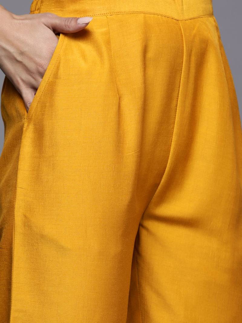 Women Mustard Yellow Ethnic Motifs Embroidered Kurta with Trousers & Dupatta