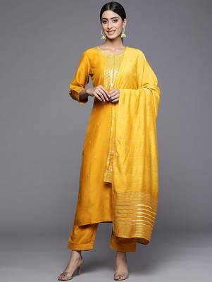 Women Mustard Yellow Ethnic Motifs Embroidered Kurta with Trousers & Dupatta 4