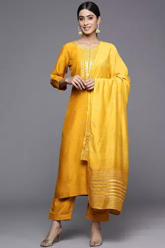 Women Mustard Yellow Ethnic Motifs Embroidered Kurta with Trousers & Dupatta