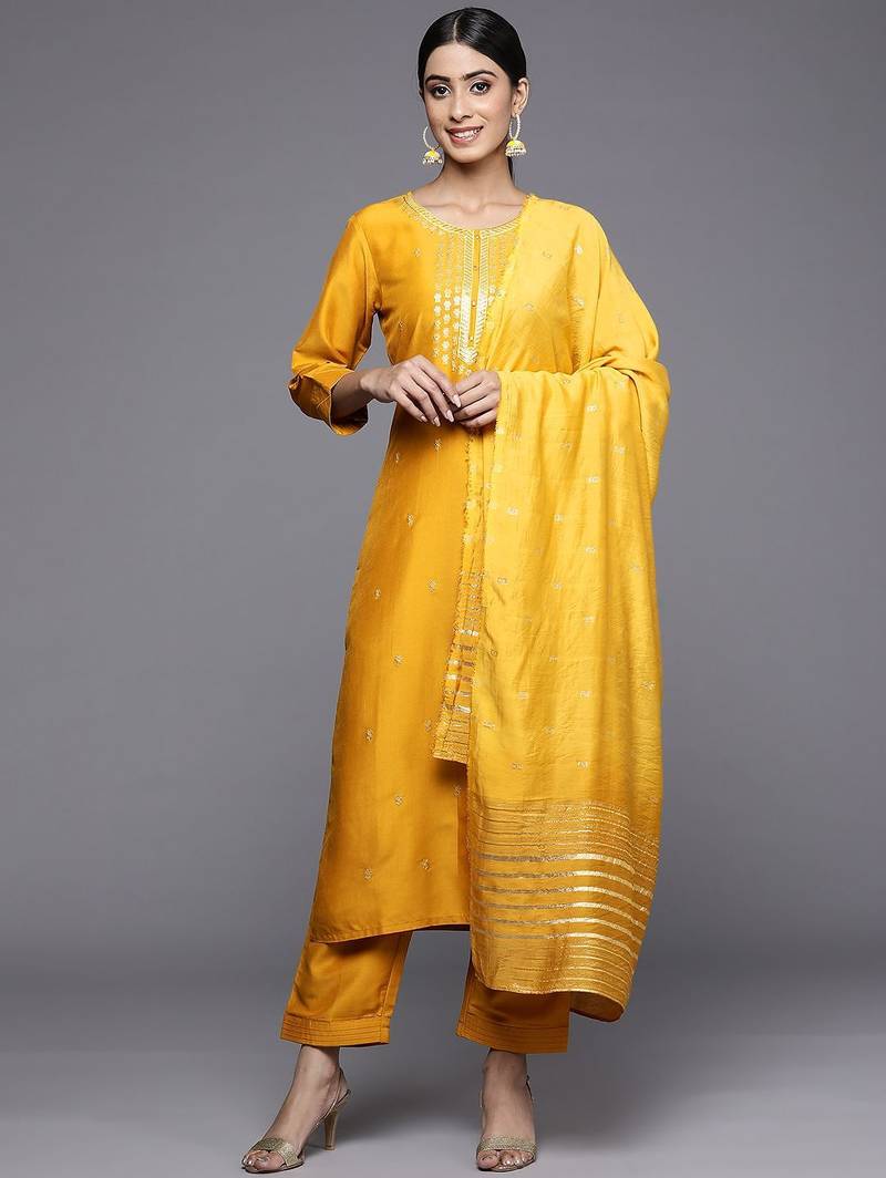 Women Mustard Yellow Ethnic Motifs Embroidered Kurta with Trousers & Dupatta