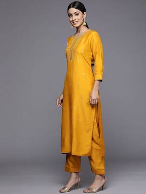 Women Mustard Yellow Ethnic Motifs Embroidered Kurta with Trousers & Dupatta 5