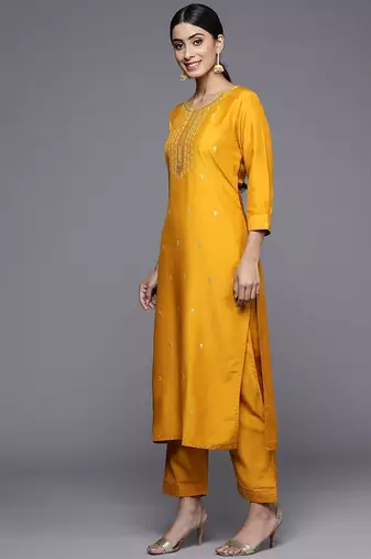 Women Mustard Yellow Ethnic Motifs Embroidered Kurta with Trousers & Dupatta