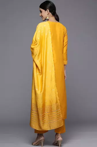 Women Mustard Yellow Ethnic Motifs Embroidered Kurta with Trousers & Dupatta