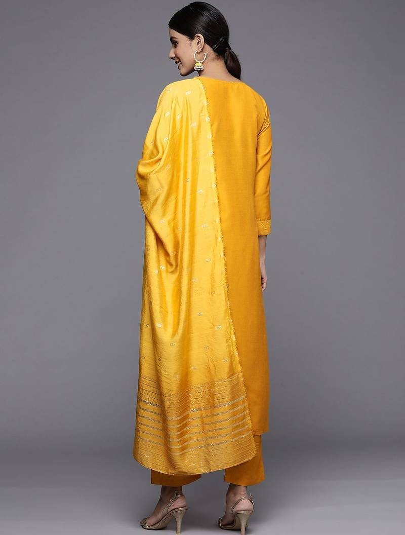 Women Mustard Yellow Ethnic Motifs Embroidered Kurta with Trousers & Dupatta