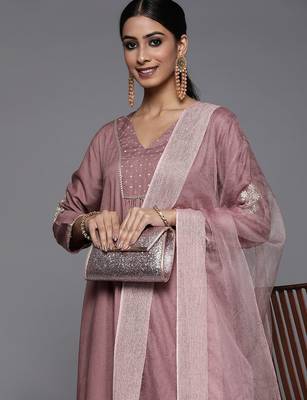 Women Mauve Embroidered Kurta with Palazzos & With Dupatta 2