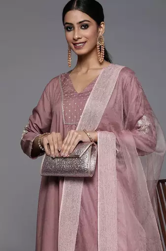 Women Mauve Embroidered Kurta with Palazzos & With Dupatta