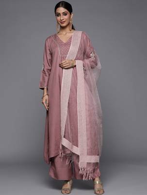 Women Mauve Embroidered Kurta with Palazzos & With Dupatta 1