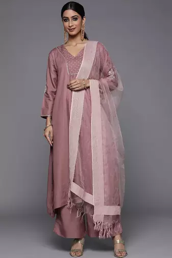 Women Mauve Embroidered Kurta with Palazzos & With Dupatta