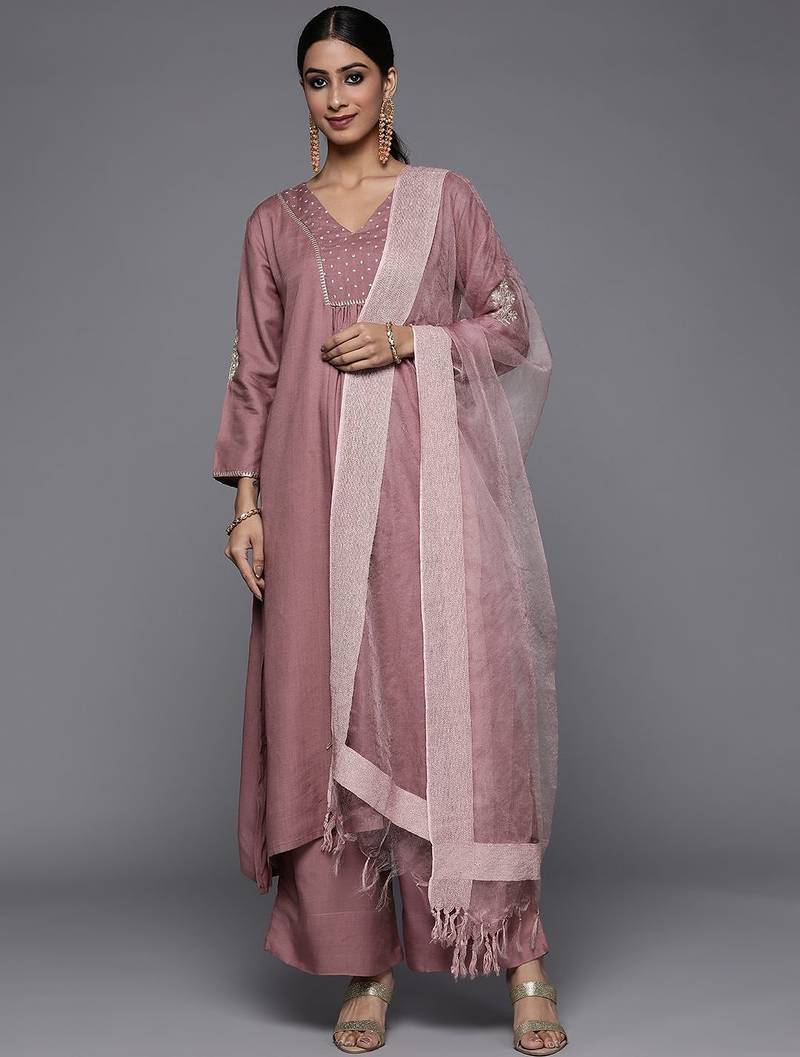 Women Mauve Embroidered Kurta with Palazzos & With Dupatta