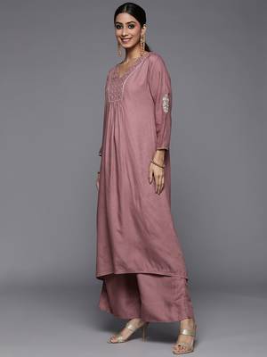 Women Mauve Embroidered Kurta with Palazzos & With Dupatta 6