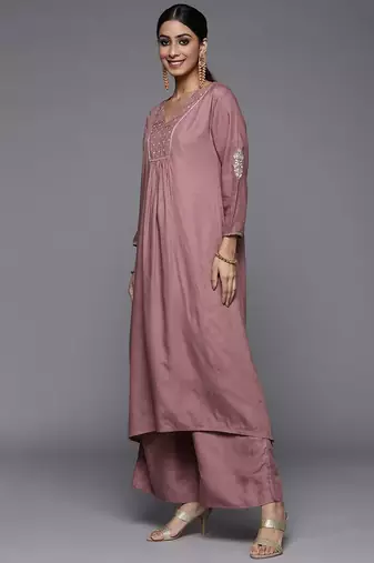 Women Mauve Embroidered Kurta with Palazzos & With Dupatta