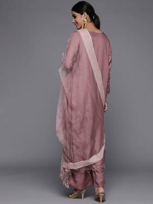 Women Mauve Embroidered Kurta with Palazzos & With Dupatta 7