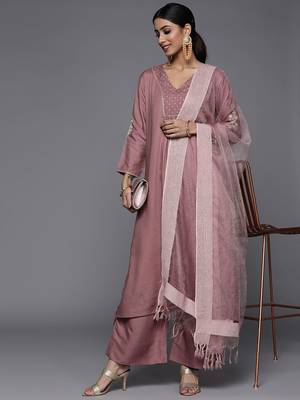 Women Mauve Embroidered Kurta with Palazzos & With Dupatta 8