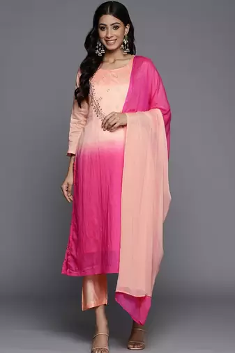 Women Peach-Coloured Ombre Yoke Design Sequinned Kurta with Trousers & Dupatta