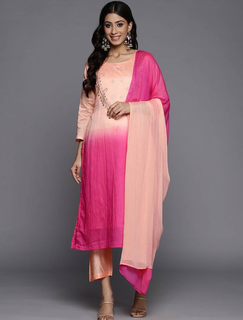 Women Peach-Coloured Ombre Yoke Design Sequinned Kurta with Trousers & Dupatta