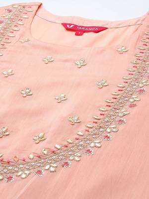 Women Peach-Coloured Ombre Yoke Design Sequinned Kurta with Trousers & Dupatta 2