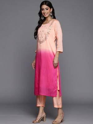 Women Peach-Coloured Ombre Yoke Design Sequinned Kurta with Trousers & Dupatta 5
