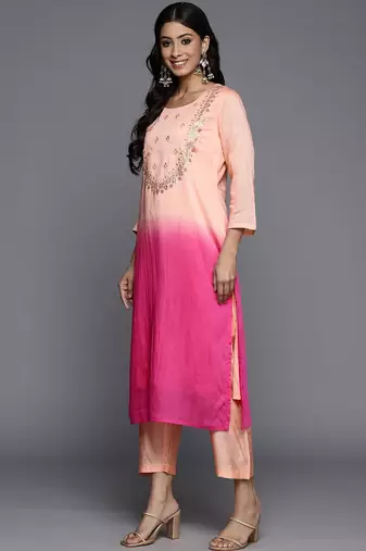 Women Peach-Coloured Ombre Yoke Design Sequinned Kurta with Trousers & Dupatta