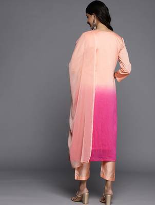 Women Peach-Coloured Ombre Yoke Design Sequinned Kurta with Trousers & Dupatta 6