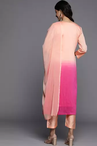 Women Peach-Coloured Ombre Yoke Design Sequinned Kurta with Trousers & Dupatta