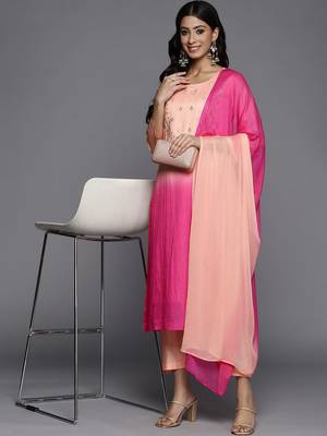 Women Peach-Coloured Ombre Yoke Design Sequinned Kurta with Trousers & Dupatta 7