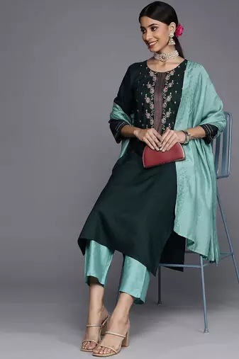 Women Green Yoke Design Thread Work Dupion Silk Kurta with Trousers & Dupatta