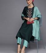 Women Green Yoke Design Thread Work Dupion Silk Kurta with Trousers & Dupatta
