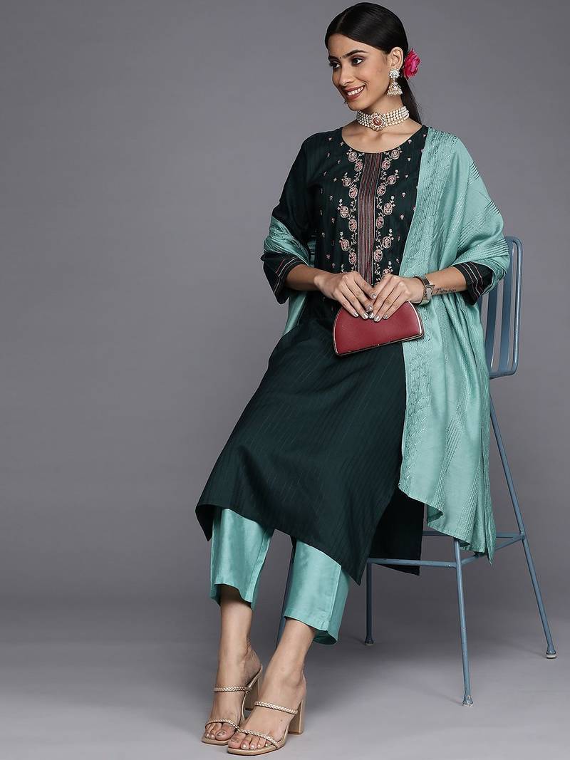 Women Green Yoke Design Thread Work Dupion Silk Kurta with Trousers & Dupatta