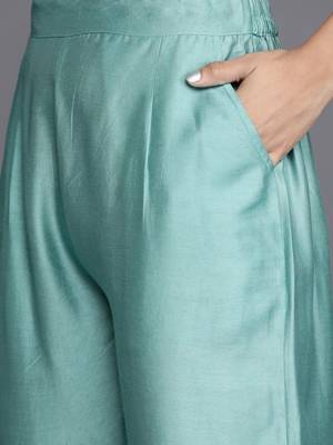 Women Green Yoke Design Thread Work Dupion Silk Kurta with Trousers & Dupatta 3