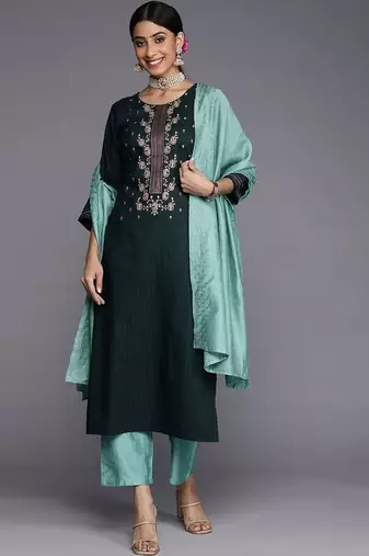 Women Green Yoke Design Thread Work Dupion Silk Kurta with Trousers & Dupatta