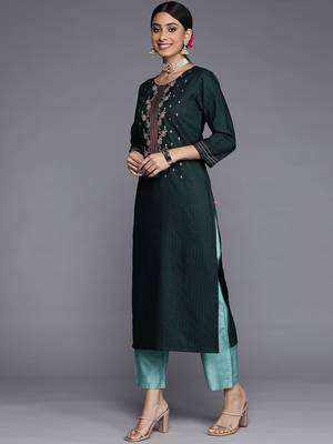 Women Green Yoke Design Thread Work Dupion Silk Kurta with Trousers & Dupatta 6