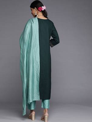 Women Green Yoke Design Thread Work Dupion Silk Kurta with Trousers & Dupatta 7