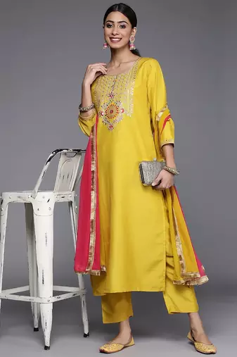 Women Mustard Yellow Ethnic Motifs Yoke Design Kurta with Trousers & Dupatta