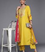 Women Mustard Yellow Ethnic Motifs Yoke Design Kurta with Trousers & Dupatta