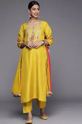 Women Mustard Yellow Ethnic Motifs Yoke Design Kurta with Trousers & Dupatta