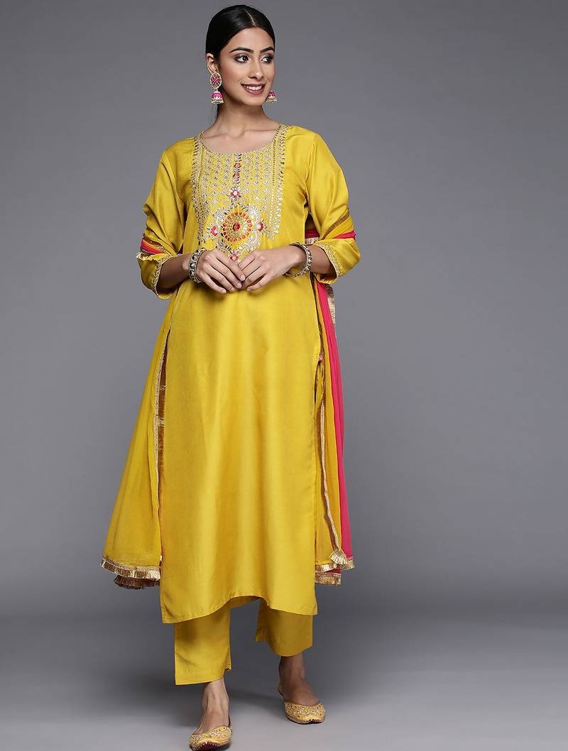 Women Mustard Yellow Ethnic Motifs Yoke Design Kurta with Trousers & Dupatta